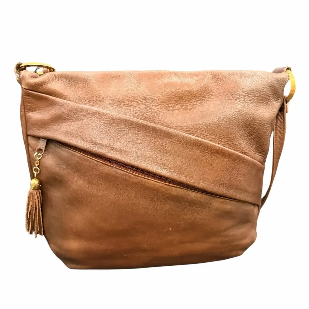 Lord & Taylor Brown Leather Shoulder Bag Slouchy Hobo Zip Tassel